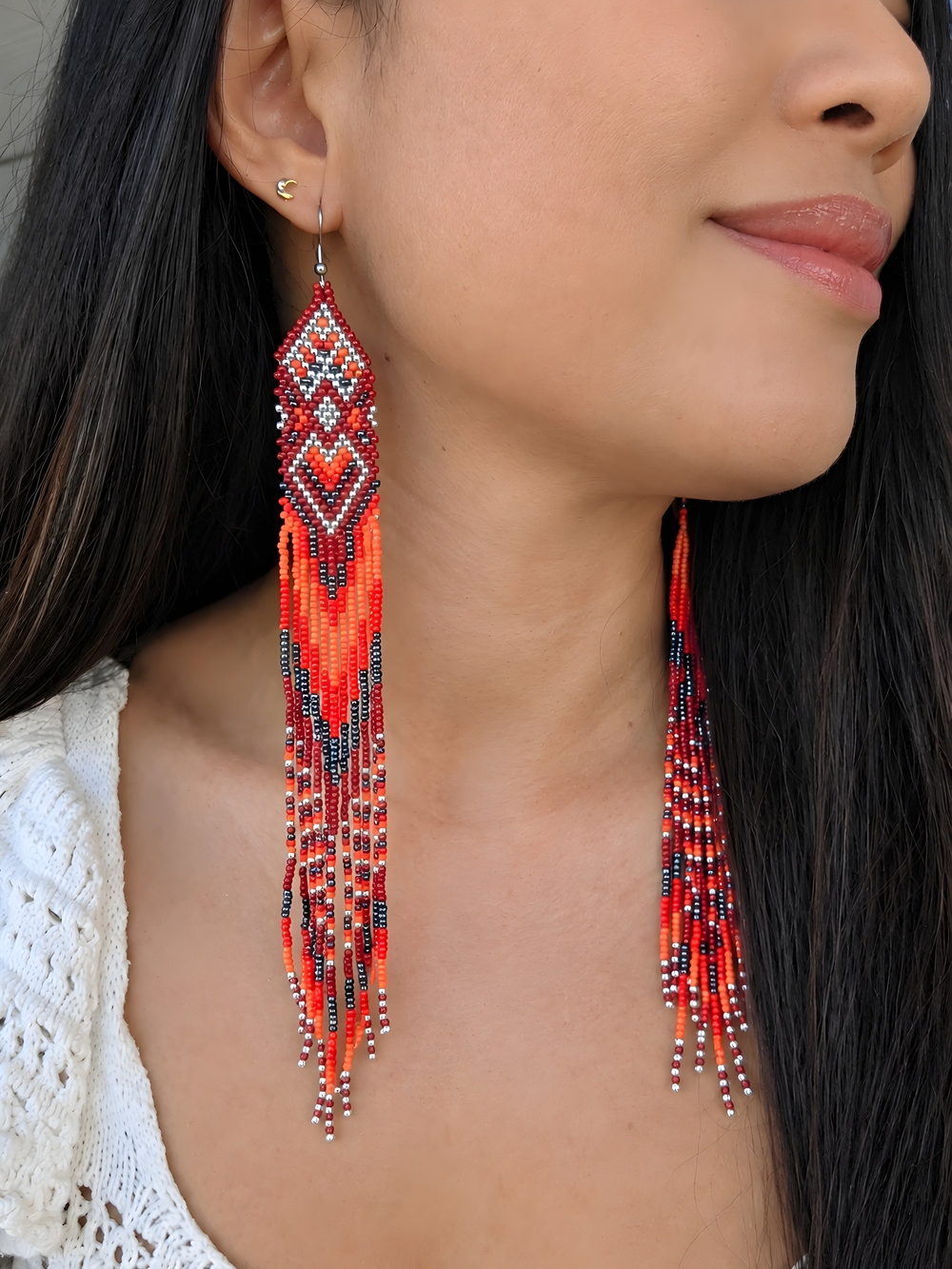 Long Southwestern Boho Beaded Fringe Earrings Handmade Statement - Fiery Red
